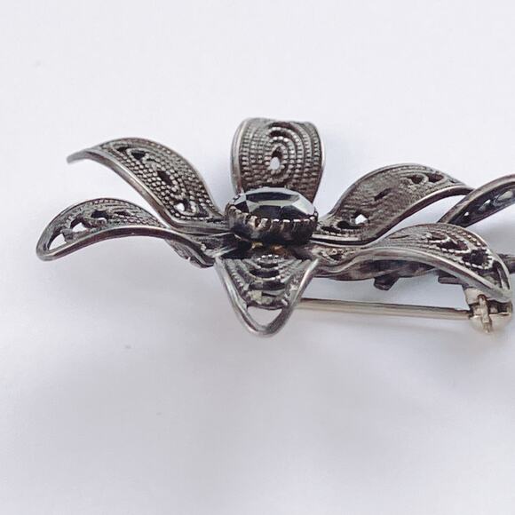 VTG Sterling Silver 925 Gemstone Brooch Mid Century Filigree Flower Black Spinel - Picture 7 of 10